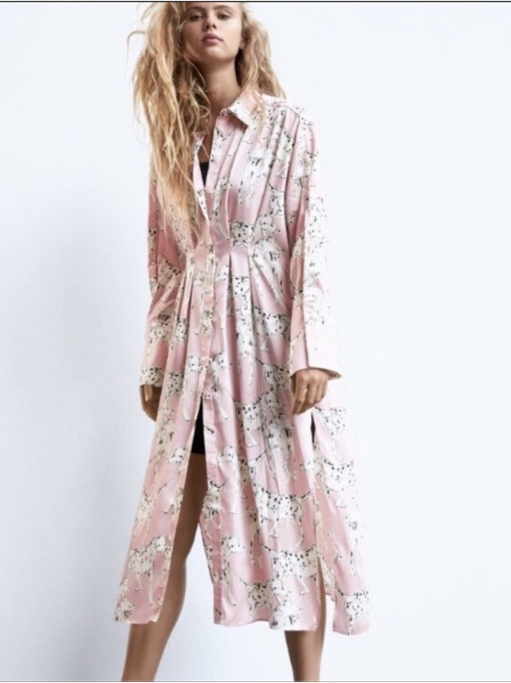 Zara Dalmatian Pink Silky Midi Shirt Dress M